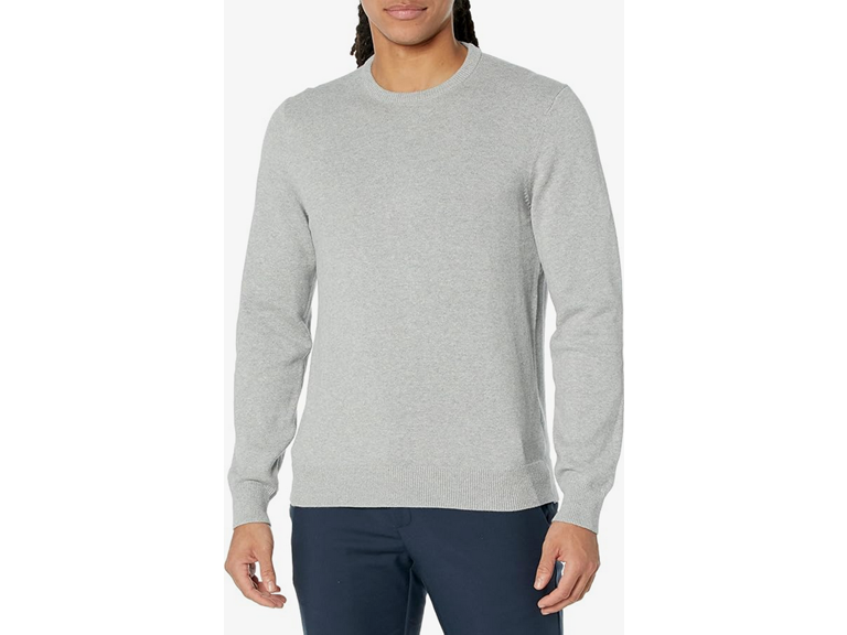Amazon Essentials Men's Long-Sleeve Crewneck Sweater, 100% Cotton, Big & Tall Options Available, Light Grey Heather, Large