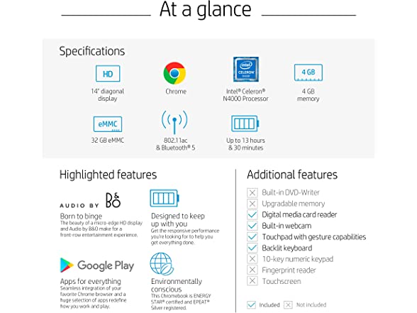 HP Chromebook 14-inch HD Laptop, Intel Celeron N4000, 4 GB R (Open Box)