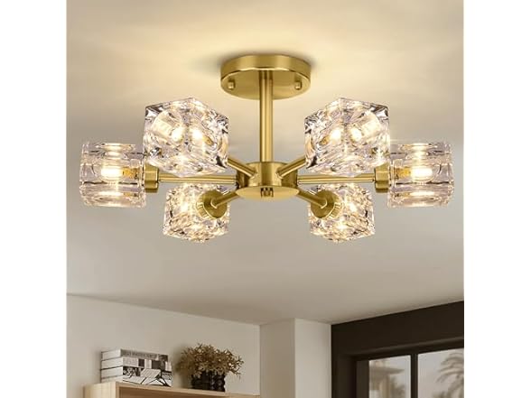 Modern Crystal Chandelier, 6-Light Gold Flush Ceiling Light