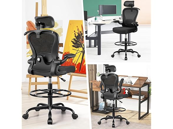 Drafting Chair, Tall Office Chair with 3D Lumbar & Head Support, Ergonomic Mesh Standing Desk Chair with Footring, Comfy Extended High Desk Chair with Flip-Up Arms & Hanger,Black (Open Box)