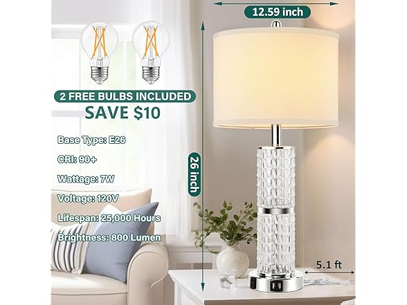 GoBright 3-Way Touch Control Crystal Table Lamps Set of 2