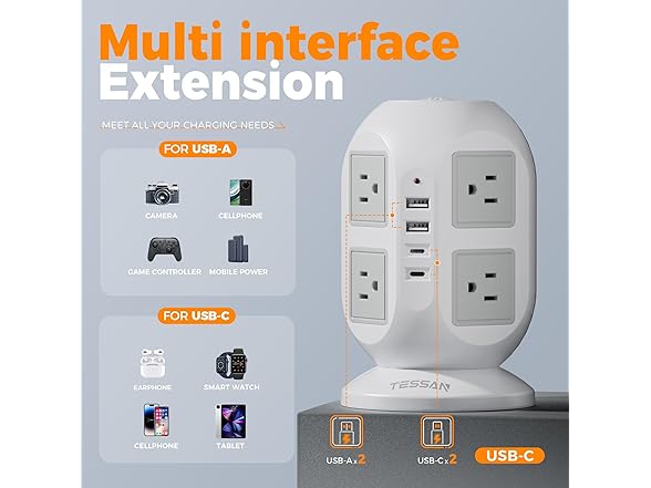 TESSAN 10ft Cord Power Tower (8 Outlets, 2 USB-C, 2 USB-A)