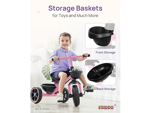 KRIDDO Toddler Tricycle, Tool-Free Trike, Pink