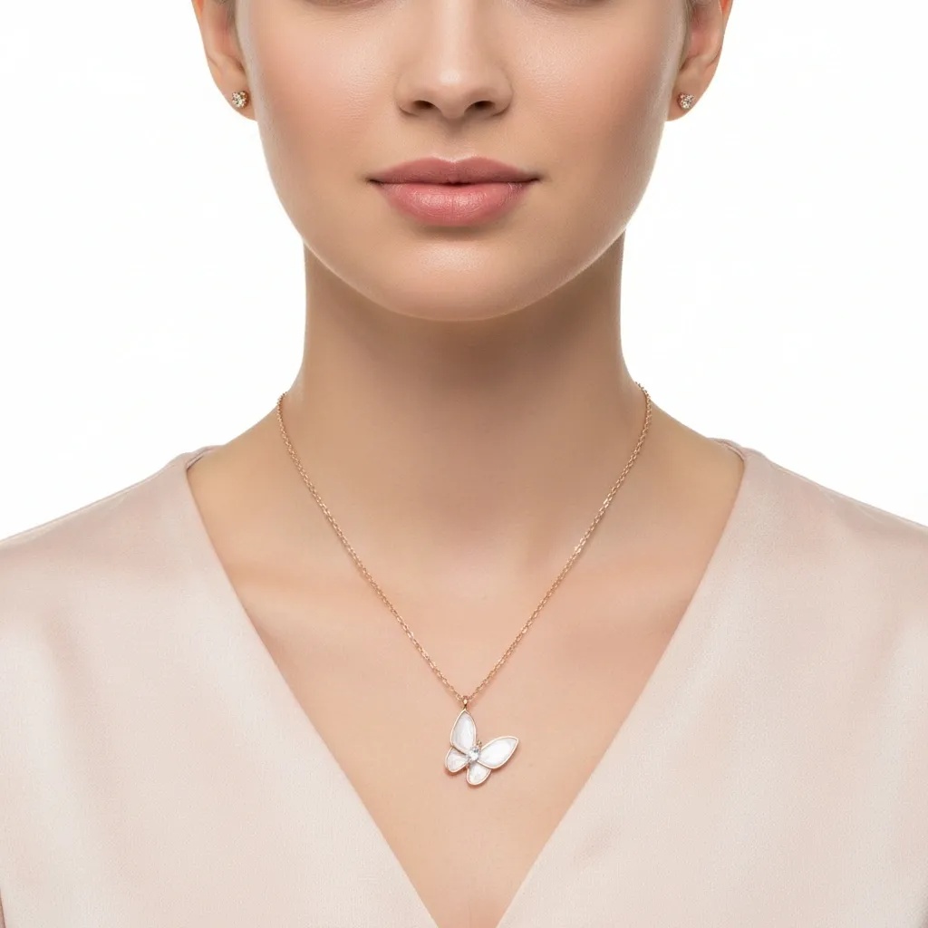 Butterfly Mother of Pearl & CZ Necklace - Gallery 7