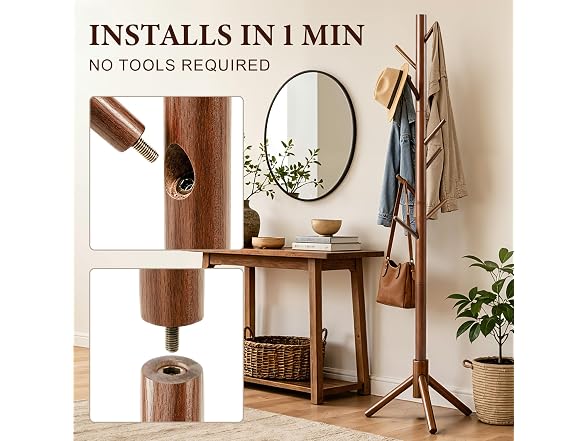 Freestanding Wooden Coat Rack, 8 Hooks