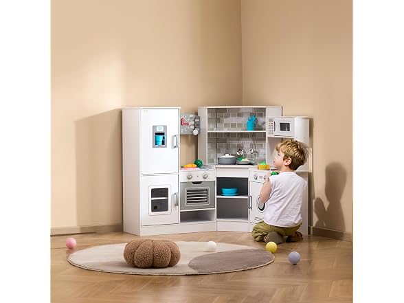 Corner Wooden Play Kitchen, Toy Set with Lights