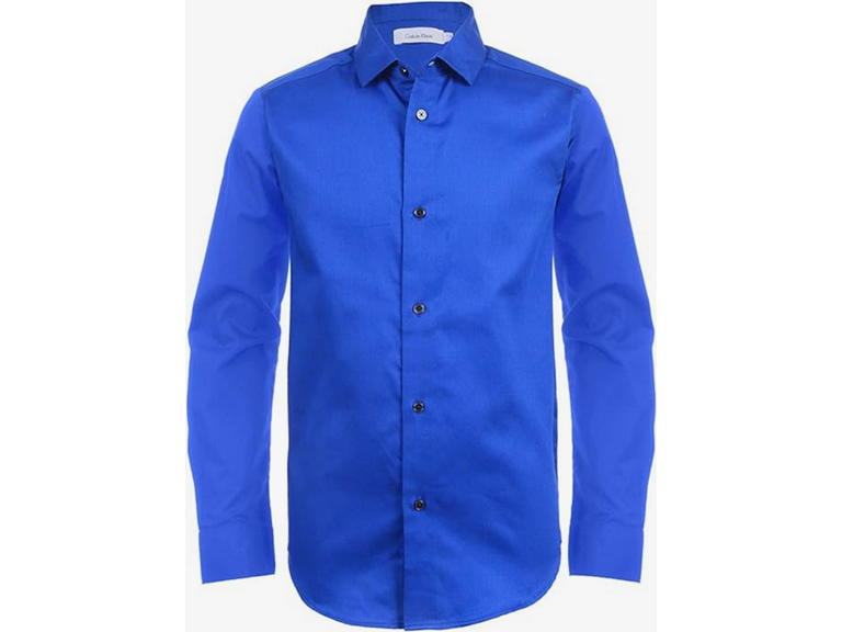 Calvin Klein Boys' Long Sleeve Sateen Dress Shirt, Button-Down Style with Buttoned Cuffs & Shirttail Hem, Dark Blue, 14