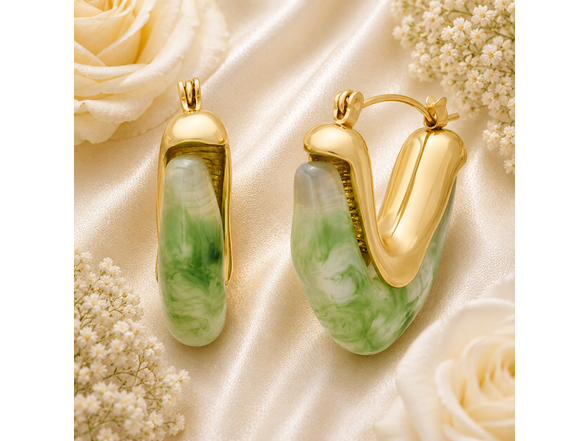 18K Gold Green Resin Hoop Earrings