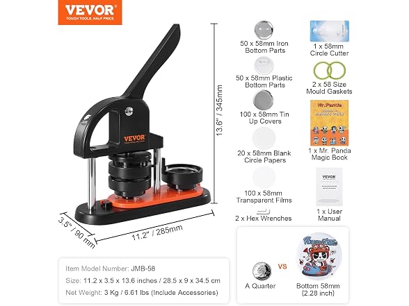 Button Maker Machine, 2.28 inch/58mm Pin Maker