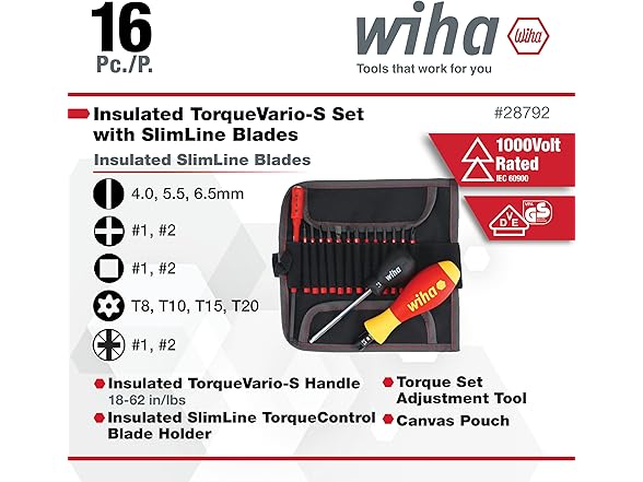 Wiha 28792 Insulated Torque Driver &  Blade Set 16Pc