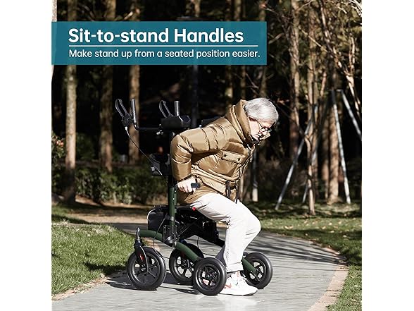 ELENKER All-Terrain Upright Rollator Walker, Stand up Rolling Walker with Seat, 12” Non-Pneumatic Tire Wheels, Compact Folding Design for Seniors, Green (Open Box)