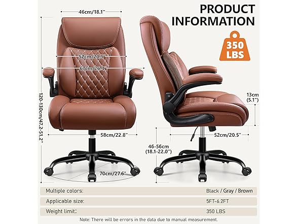 Office Chair, Ergonomic Desk Chair with Lumbar Support for Lower Back Pain Relief, Executive Leather Chair with Padded Flip-up Armrests and Wheels, Brown (Open Box)