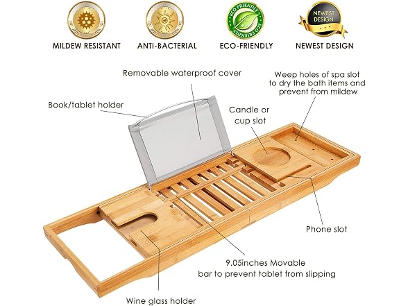 iMounTEK Water Resistant/Rust Proof Bamboo Bathtub Caddy