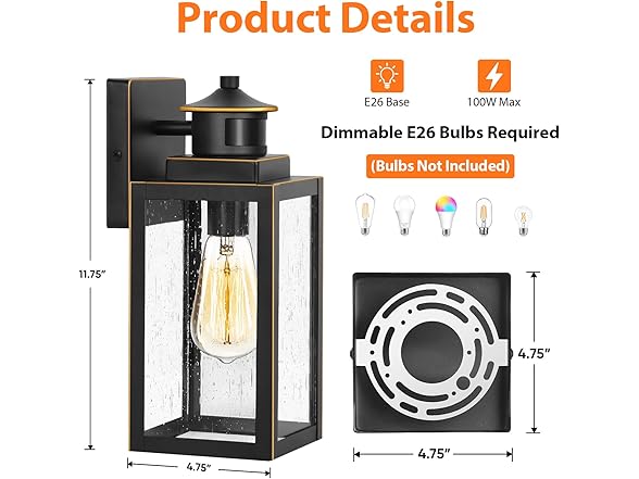 BesLowe 2-Pack Motion Sensor Outdoor Wall Lights, Black with Gold Trim