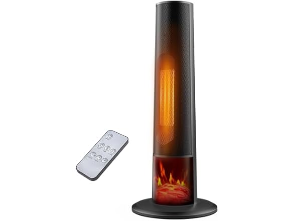 Rellytech Tower space heater with fireplace - Electric Space Heater Large Room with 3D Flame, Portable Tower Space Heaters for Office, Bedroom, 2 Modes, Thermostat, Tip-over Protection, Oscillation (Open Box)