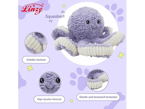 Linzy Plush Octopus Dog Toy, Soft Crinkle
