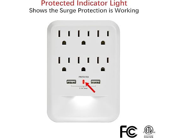 Clear Power 6-Outlet 600 Joule Wall-tap w/2-port USB-A Charger & Nightlight