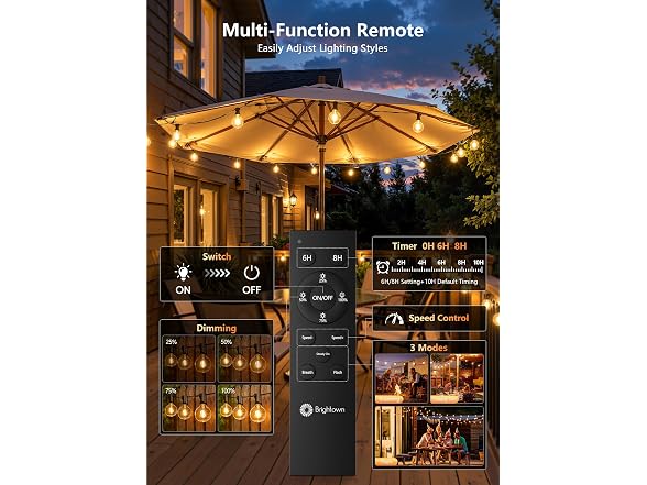 Brightown 37Ft Outdoor String Lights with Remote