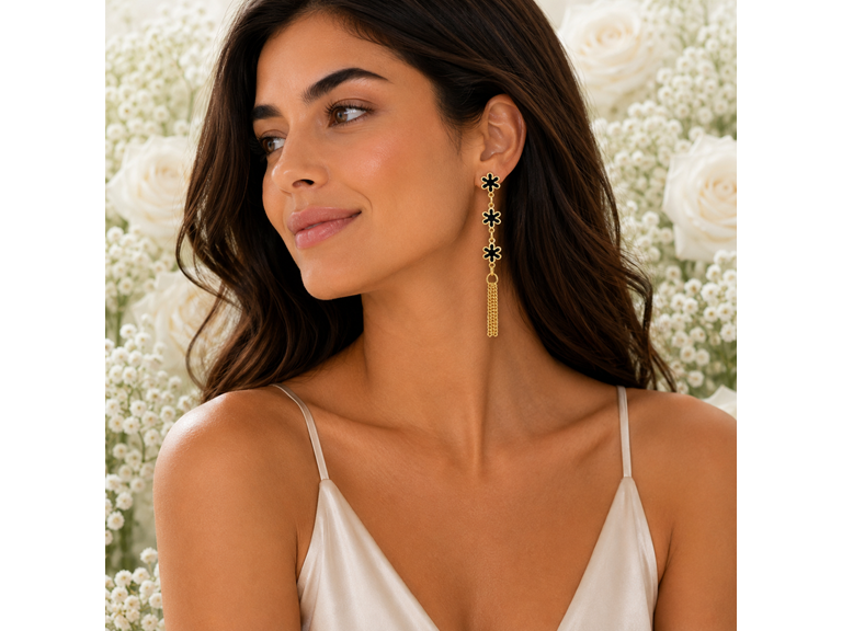 18K Gold Black Flower Tassel Earrings
