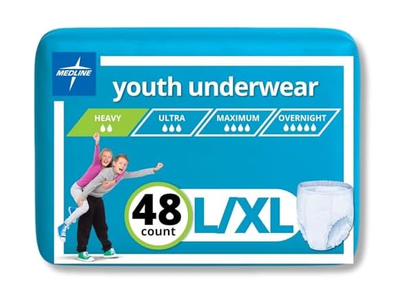 Medline Drytime Disposable Protective Youth Underwear, Large/XL, 12 Count (Pack of 4) (Open Box)