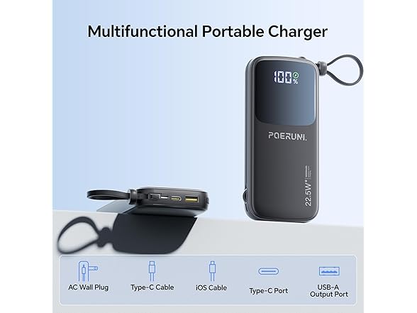 POERUNI 10000mAh Power Bank with Wall Plug
