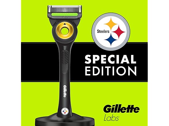 Gillette Labs Special NFL Steelers Edition Shaving Razor for Men - 1 Handle, 4 Razor Blade Refills & Magnetic Stand, GilletteLabs with Exfoliating Bar