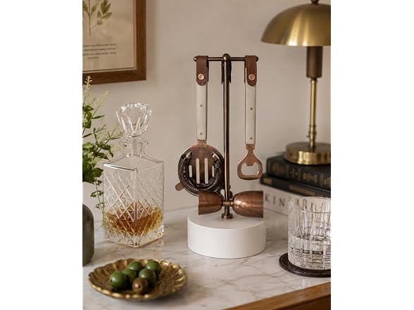 Karma, Bartender Kit 4-Piece Bar Tool Set with Marble Stand, Home Bartending Kit, Housewarming Gift