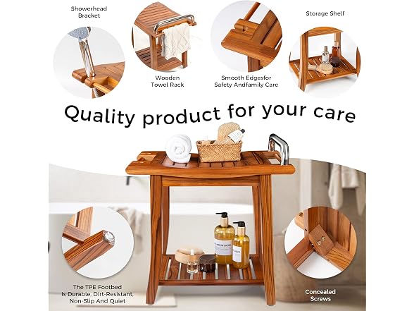 Teak Shower Bench with Shelf & Handles