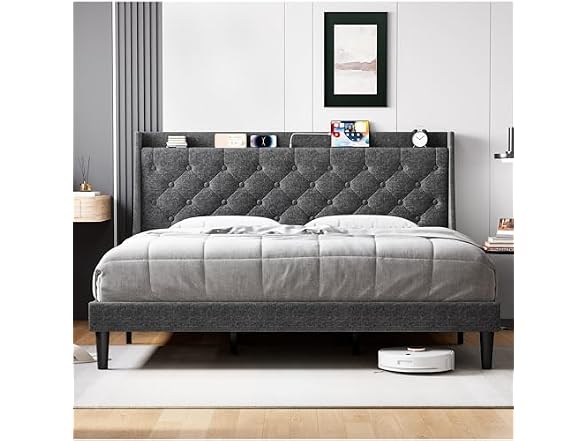 GAOMON Full Bed Frame, Charging, Grey