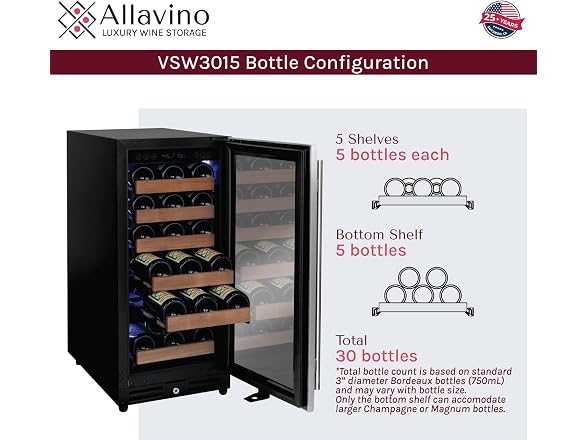 Allavino Reserva Series 30-Bottle Single Zone Built-in Wine Cooler Refrigerator