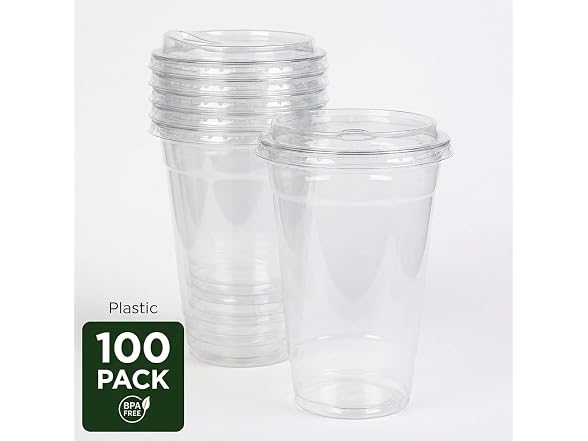 TLAPS 24 oz Clear PET Plastic Cups with Sip Lids 100 Sets 