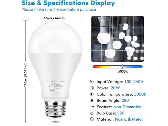 TOBUSA A21 20W Non-Dimmable LED Bulb 5000K 2PC