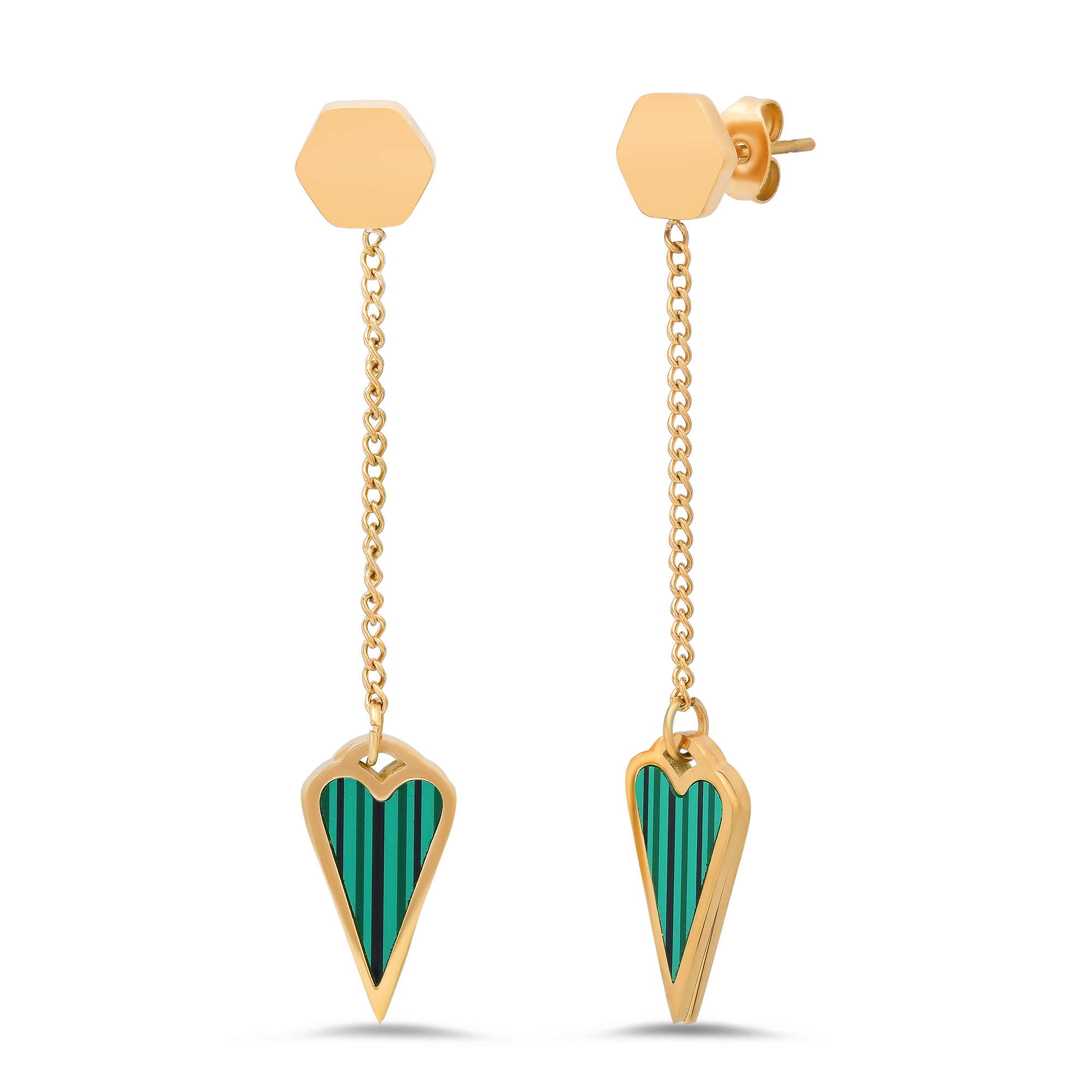 18K Gold Green Heart Drop Earrings - Gallery 4