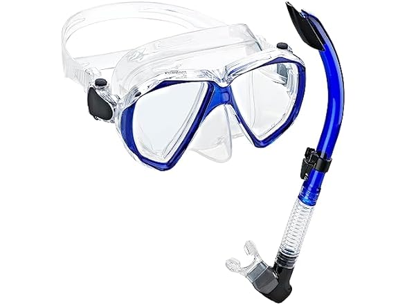 Phantom Aquatics Italian Design Veolicty Silicone Snorkel Mask Anti-Fog Tempered Glass Lens Scuba Snorkeling Mask Dry Snorkel Set (CL/Blue, Adult)