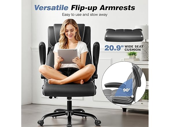 BESTFAIR Ergonomic Office Chair - Desk Computer Chair, Leather High Back Executive Chairs with Adjustable Lumbar Support & Flip Up Arms, Rocking, Black (Open Box)