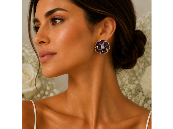 18K Gold Purple Floral Crystal Studs