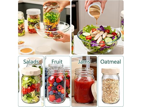 EKACO 4 Pack Glass Salad Jars 32 Oz - Leakproof Mason Jars