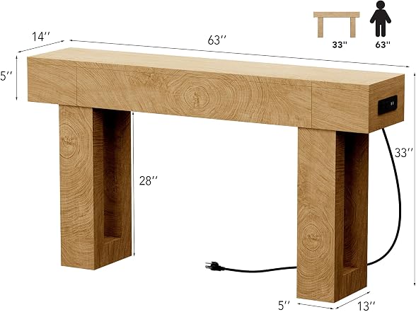 63" Long Console Table w/Outlets & USB Ports