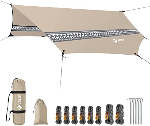 Villey Waterproof Camping Tarp, Hammock Tent Rain Fly Octagonal Tarp, Sun Shelter for Camping, Backpacking, Hiking, Accessory Includes Stakes, Ropes and Carry Bag