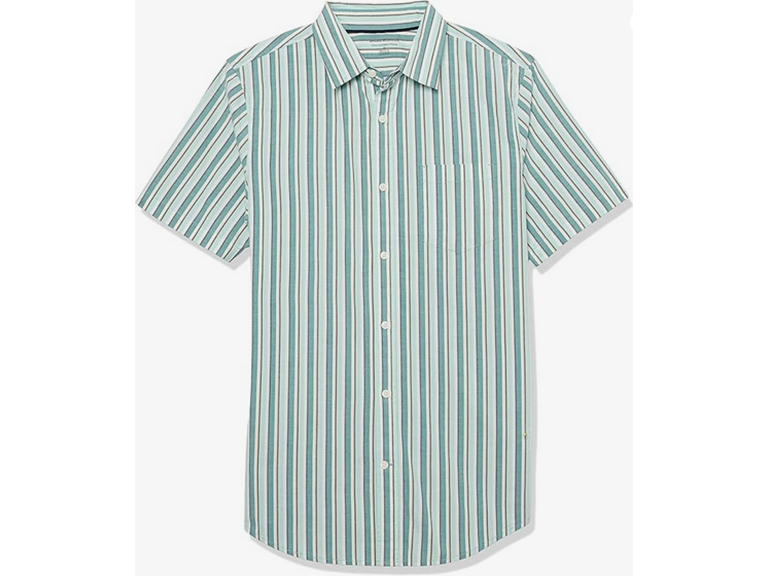Amazon Essentials Men's Slim-Fit Short-Sleeve Poplin Shirt, Aqua Blue White Vertical Stripe, Large