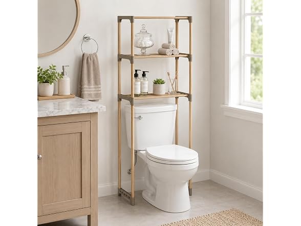 Over-the-Toilet Bathroom Storage Shelf, Wood, Natural, 3-Tier