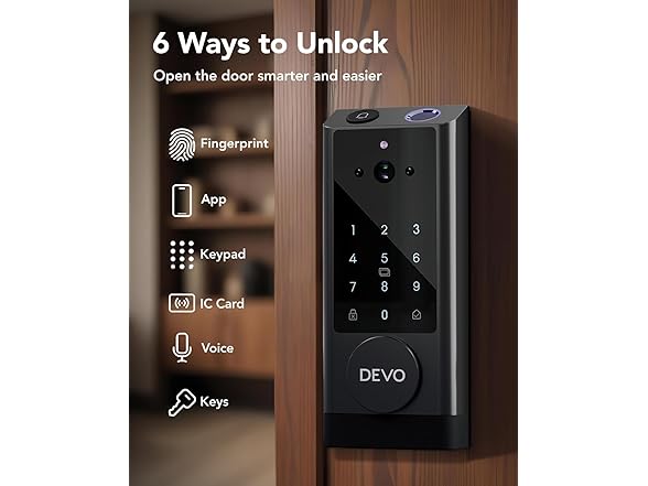 DEVO G1 Video Smart Lock with Camera & Doorbell, 6-in-1 Keyless Entry Door Lock for Front Door with Fingerprint, Auto Locks, App Remote, Wi-Fi Smart Deadbolt Black (Open Box)