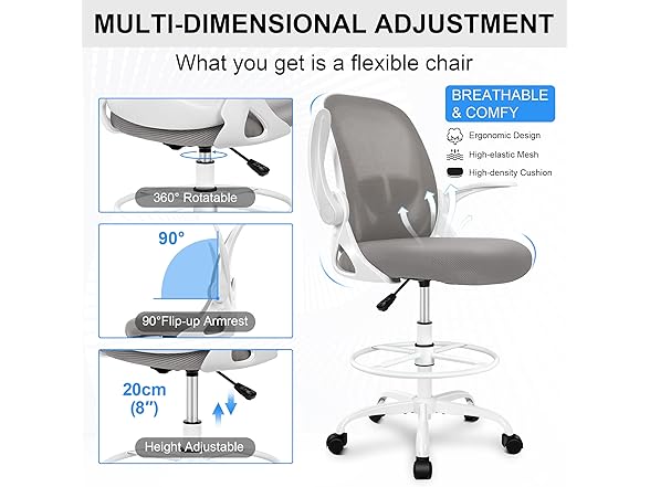 Primy Ergonomic Drafting Chair with Flip-up Armrests Tall Of (Open Box)