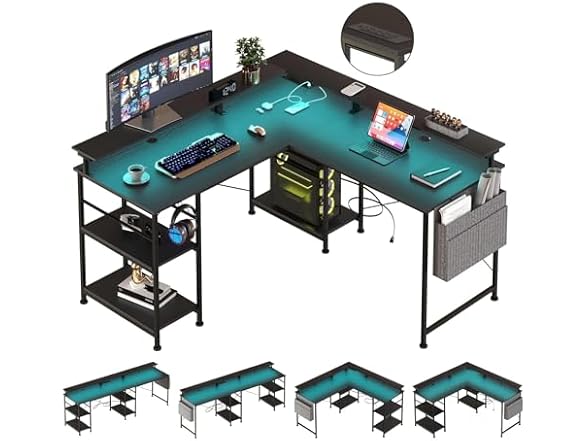 wOod-it L Shaped Gaming Desk with LED Lights, 55 Inch