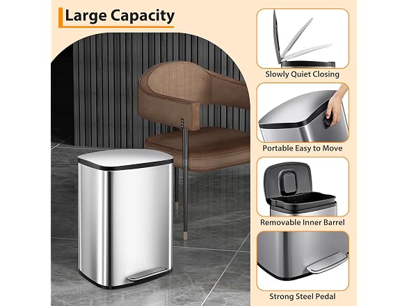 13 Gallon/50L Stainless Steel Trash Can