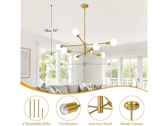 BesLowe 8-Light Modern Sputnik Chandelier- Gold