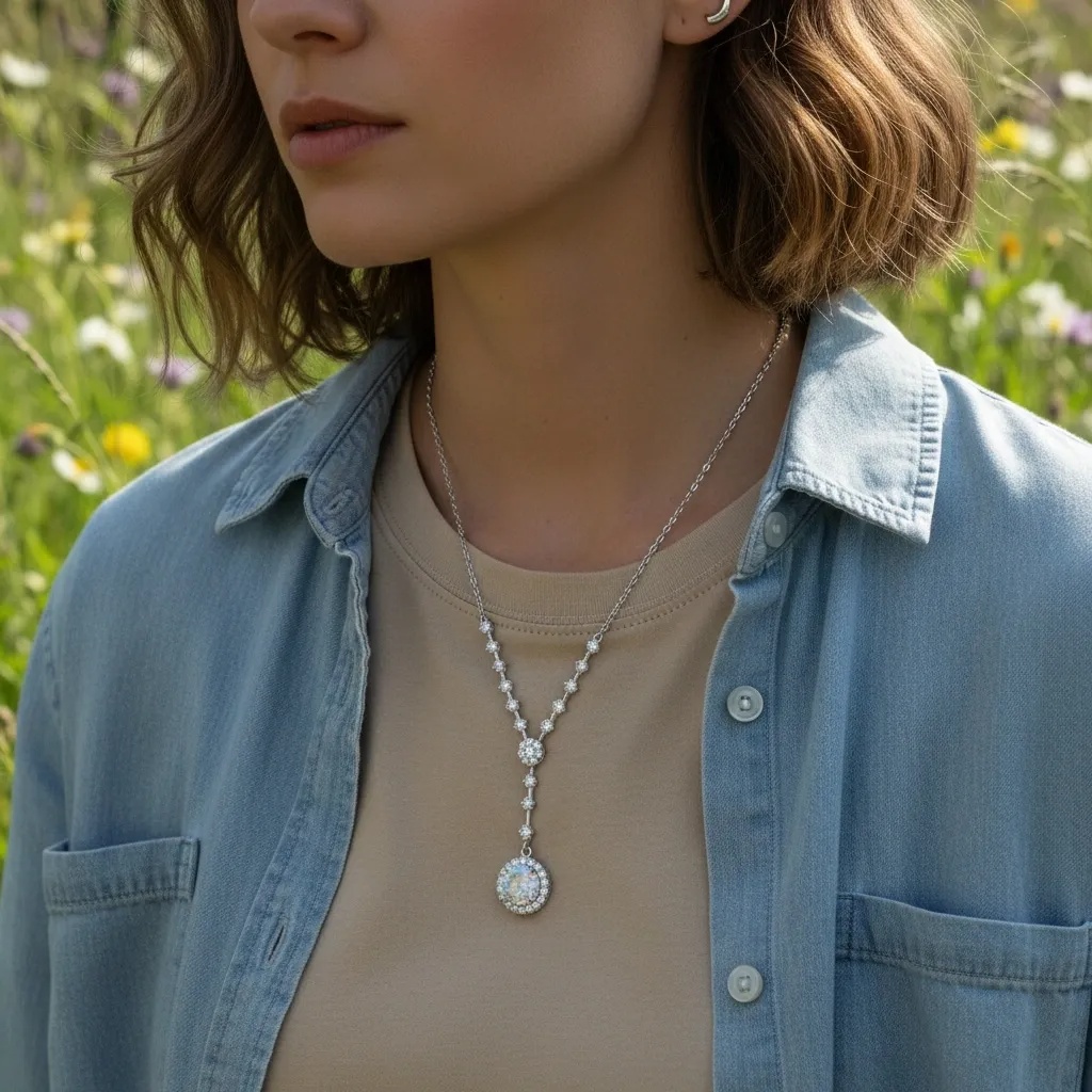 Moissanite Rainbow Halo Necklace - Gallery 7