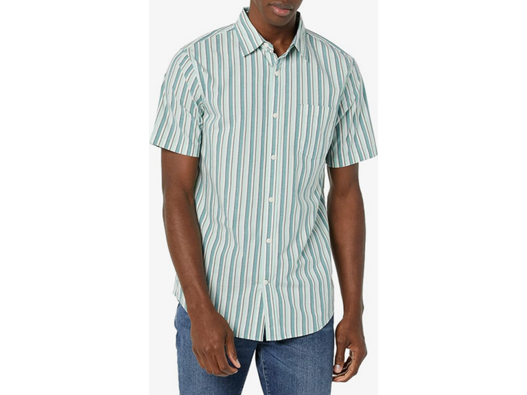 Amazon Essentials Men's Slim-Fit Short-Sleeve Poplin Shirt, Aqua Blue White Vertical Stripe, Medium