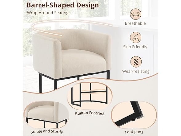 LUE BONA 27" H Counter Height Bar Stools Set of 2, Modern Barrel Counter Stools with Backrest and Arms, Black Metal Frames, Linen Fabric Upholstered Accent Barstools for Kitchen Island, Linen Color (Open Box)