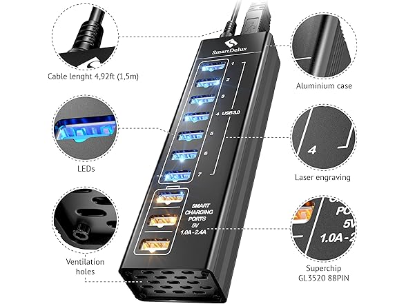 SmartDelux 10-Port USB 3.0 Hub